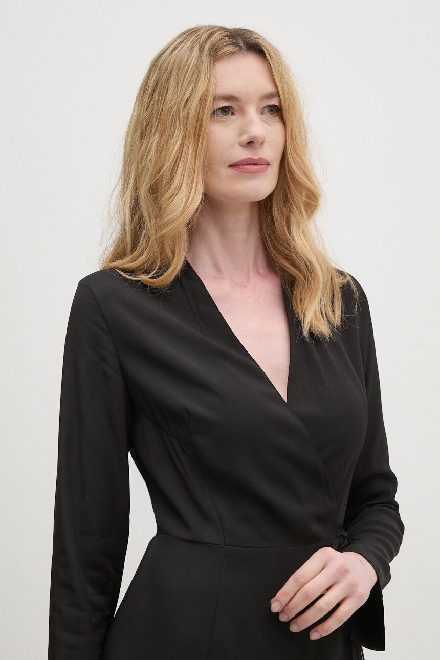 Viscose Twill Wrap Midi Dress, Black