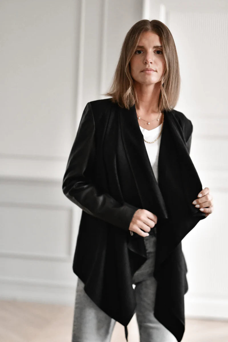 WOOL CARDIGAN W/LEATHER SLEEVES, BLACK