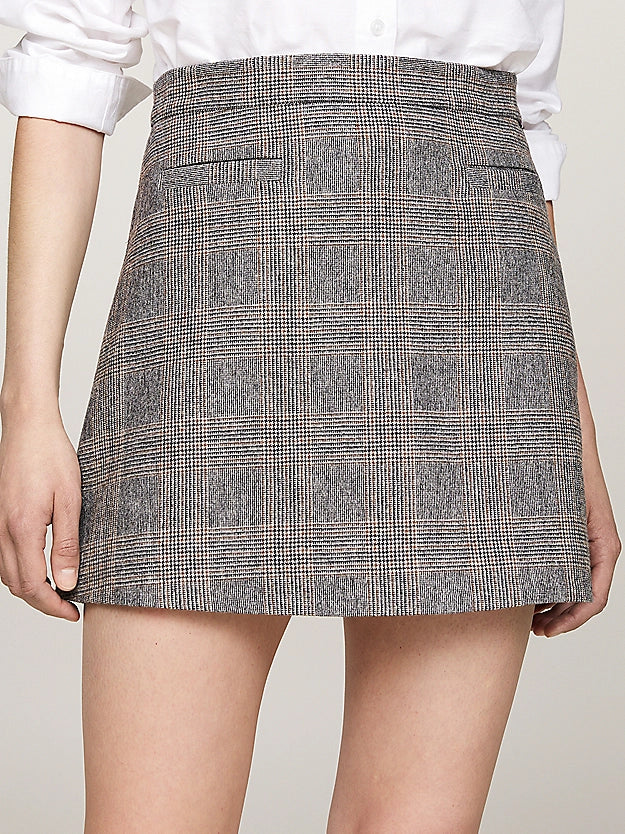 Wool Mix Check Mini Skirt, Grey Brown Check
