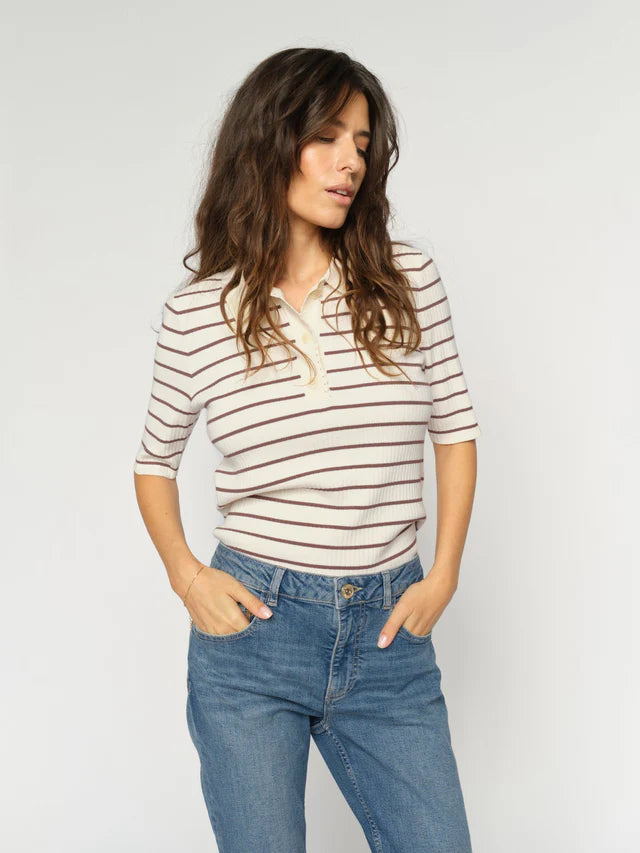 CALIZ STRIPE SS KNIT POLO, COFFEE QUARTZ