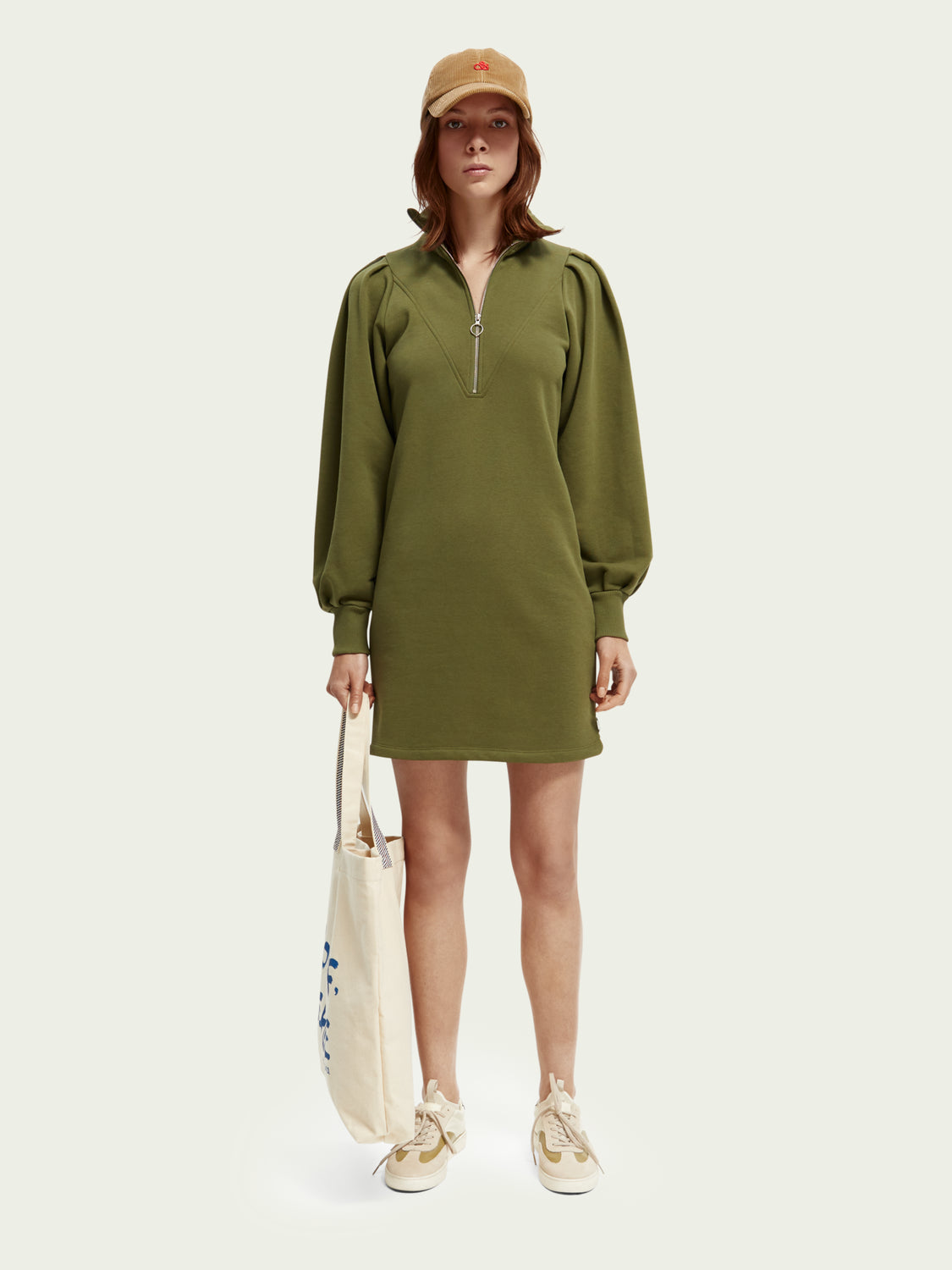 Zipped neck swaet dress with puffed sleeves, olive
