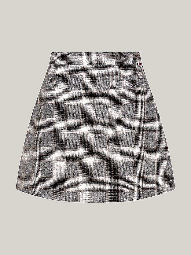 Wool Mix Check Mini Skirt, Grey Brown Check