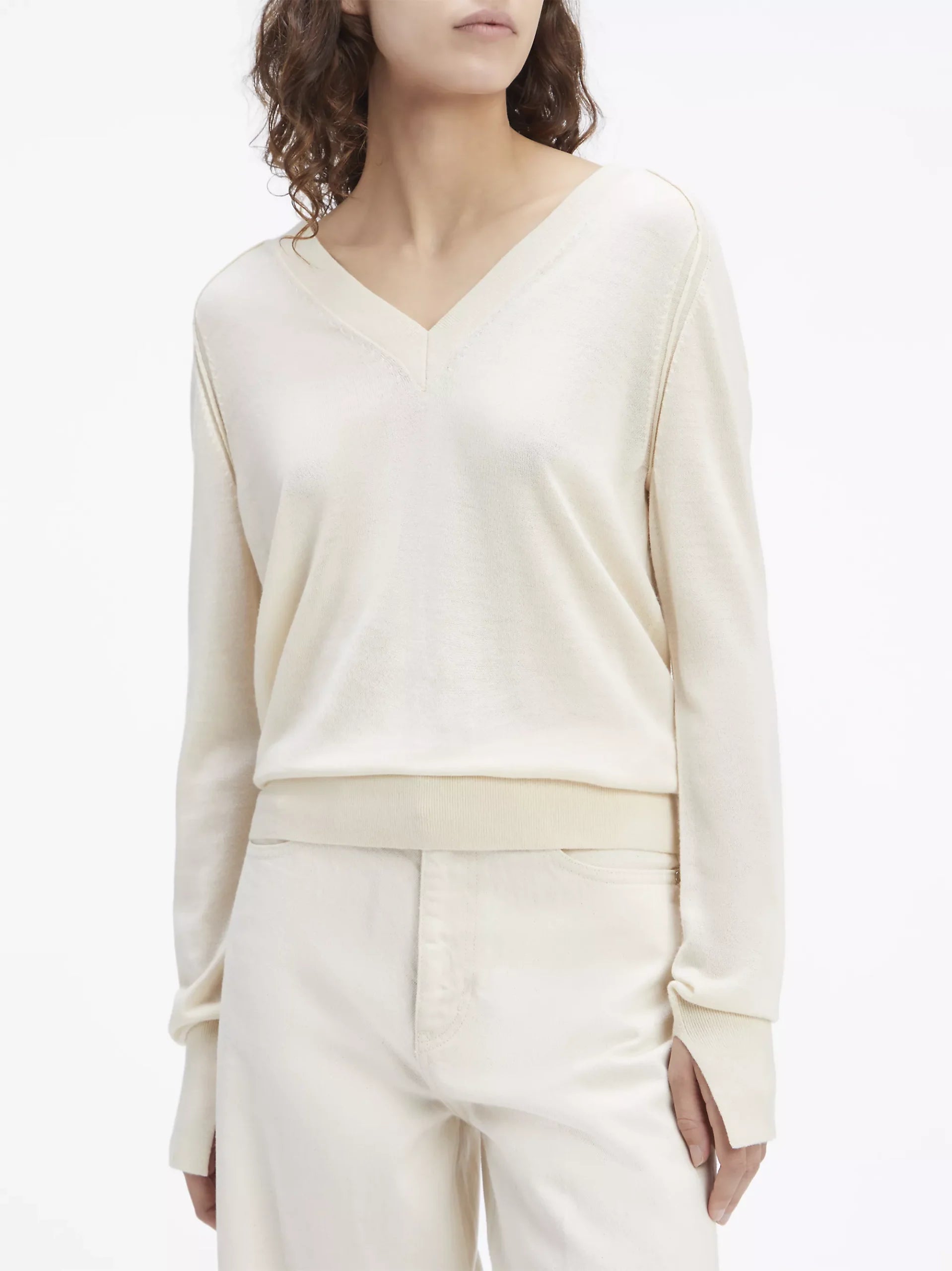 Merino Wool Double V-Nk Sweater, Wood Ash