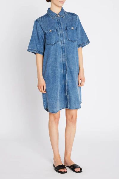 PLATIE ZIGATA DRESS, BLUE DENIM