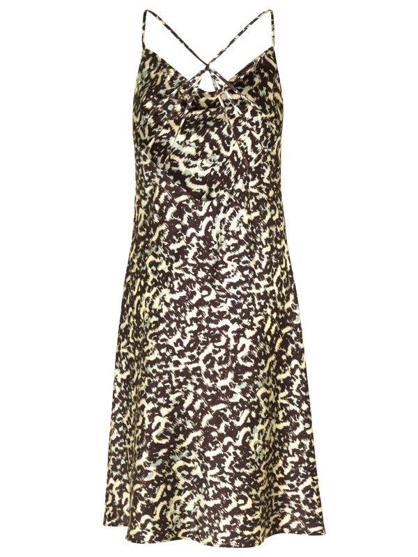 SILK DRESS, BROWN ABSTRACT LEO PRINT
