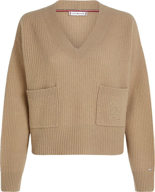 TH SCRIPT SOFT WOOL V-NK SWEATER, BEIGE