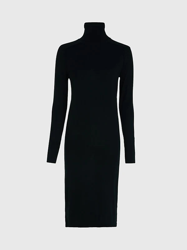 EXTRA FINE WOOL HIGH-NK DRESS, BLACK