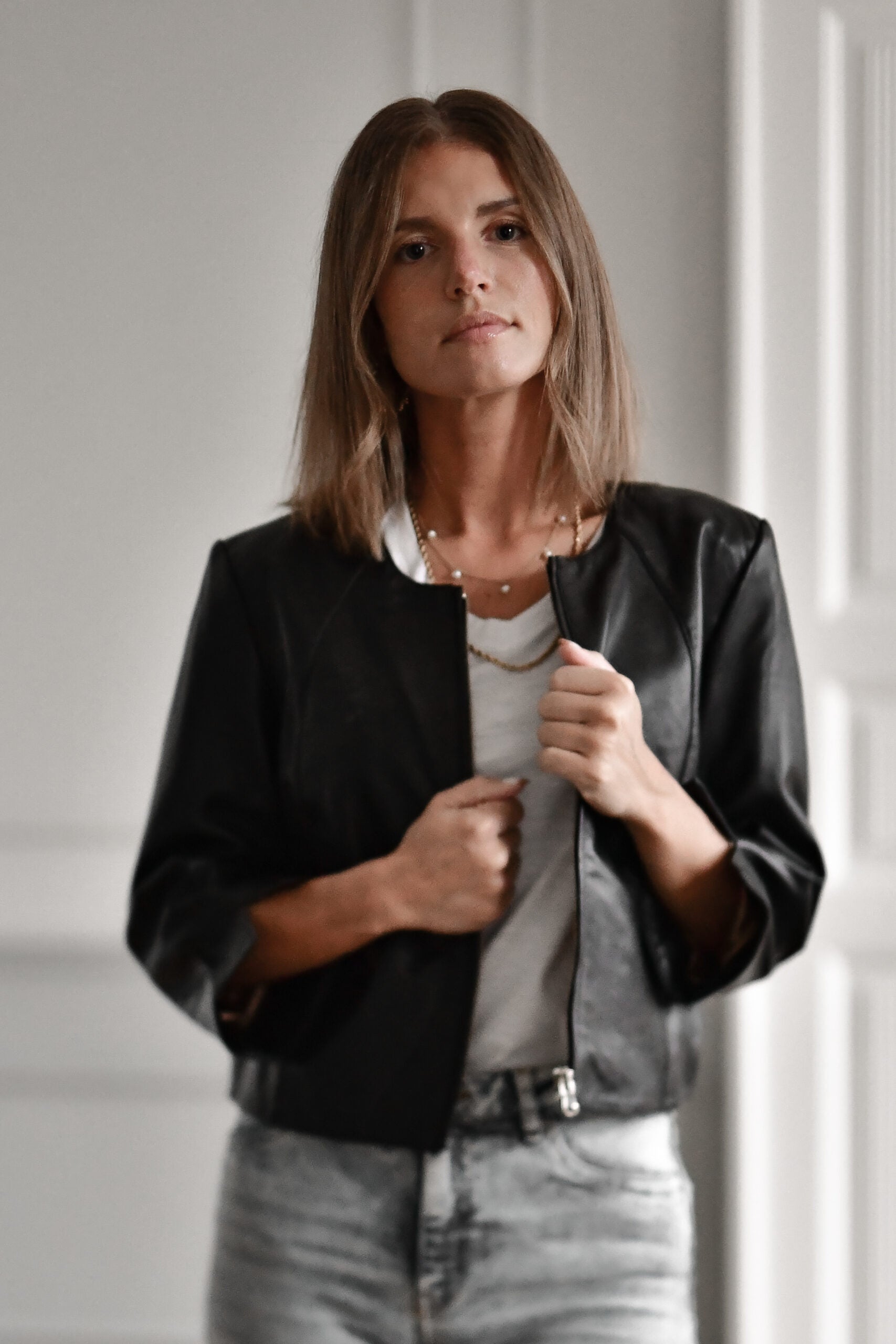 Cropped Leather Jacket, Black