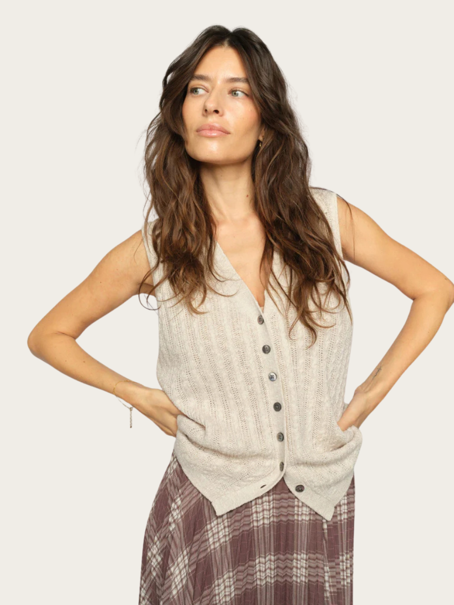 RINJA MARISOL LINE KNIT TOP, ECRU