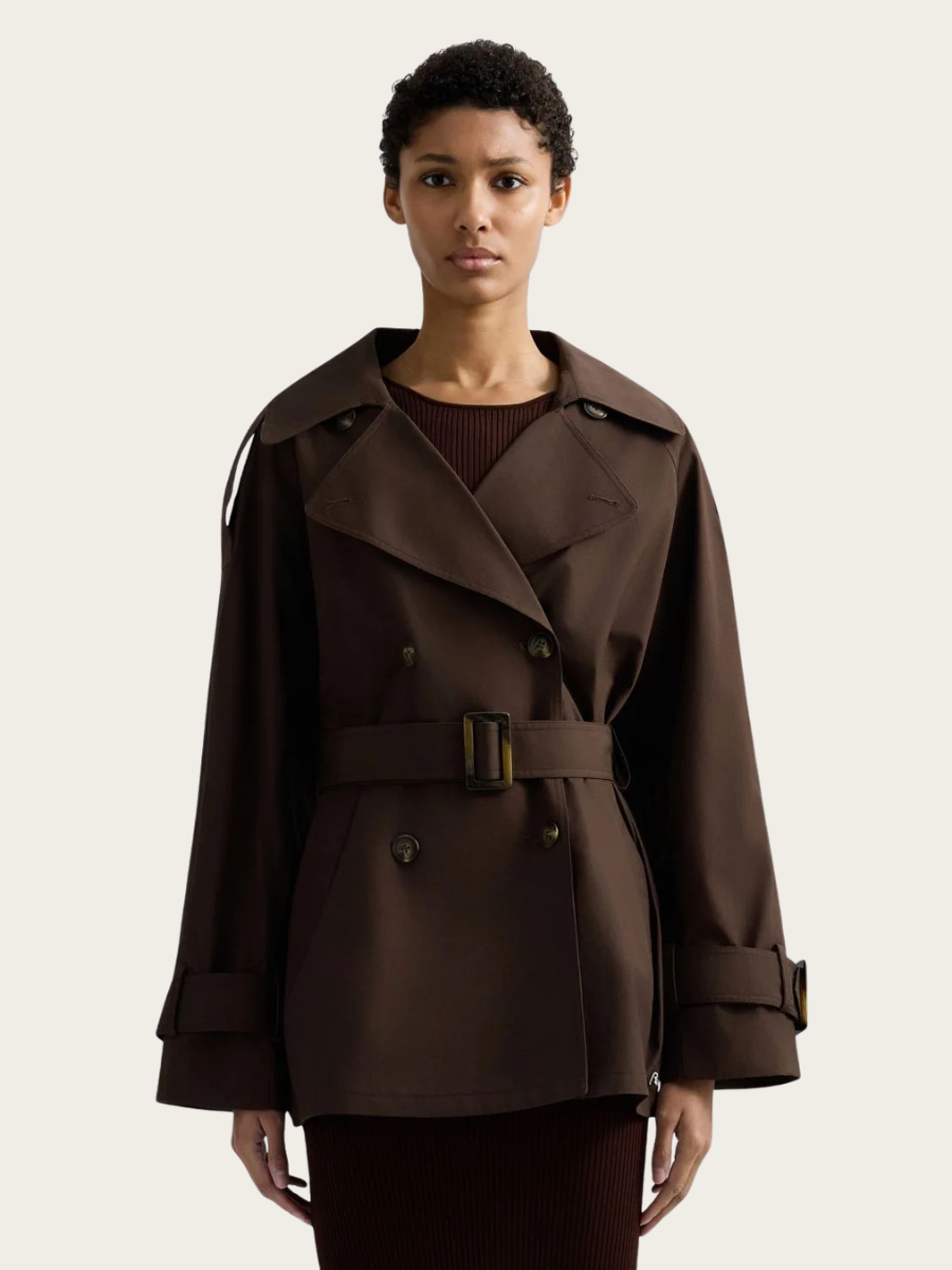 RELAXED FIT SHORT TRENCH COAT, COFFEE