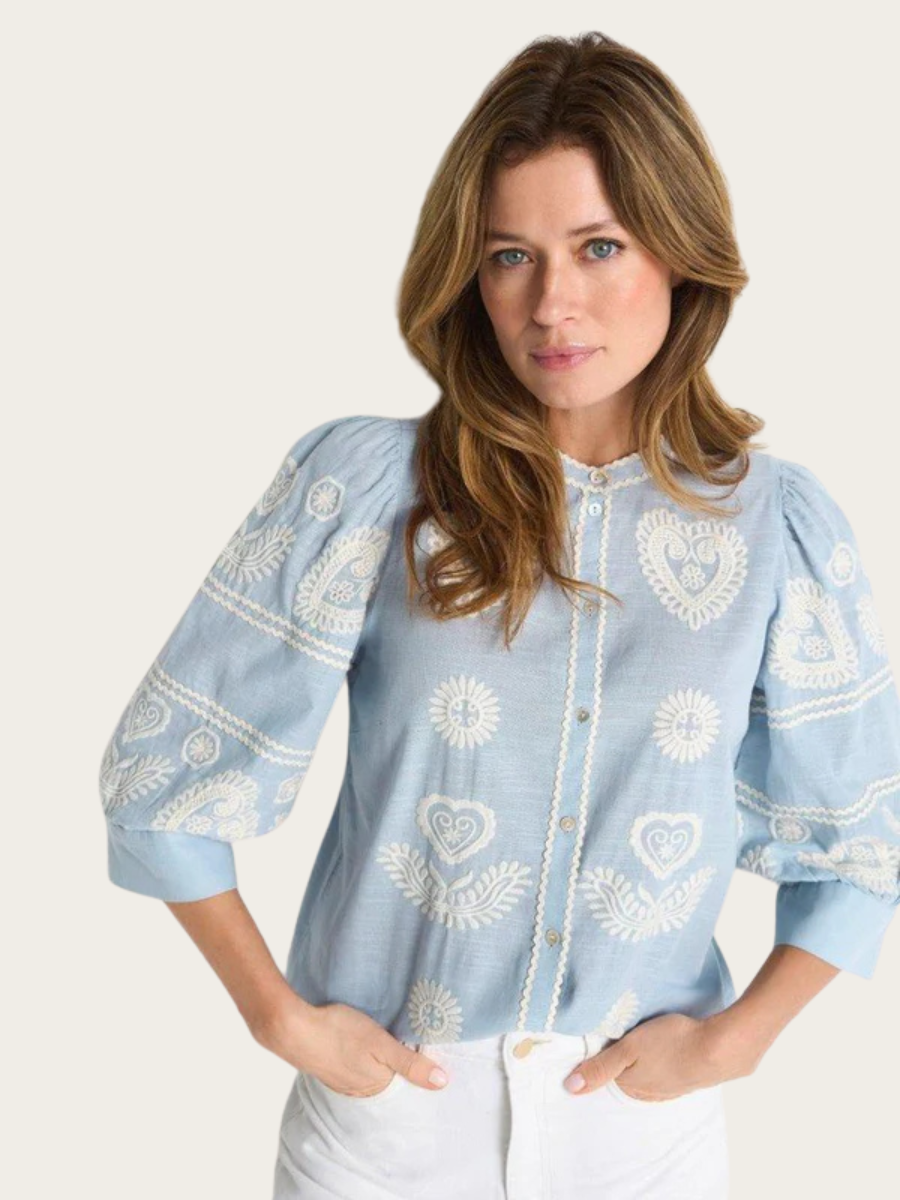 MUSSELIN EMBROIDERY SHIRT, SKYWAY BLUE