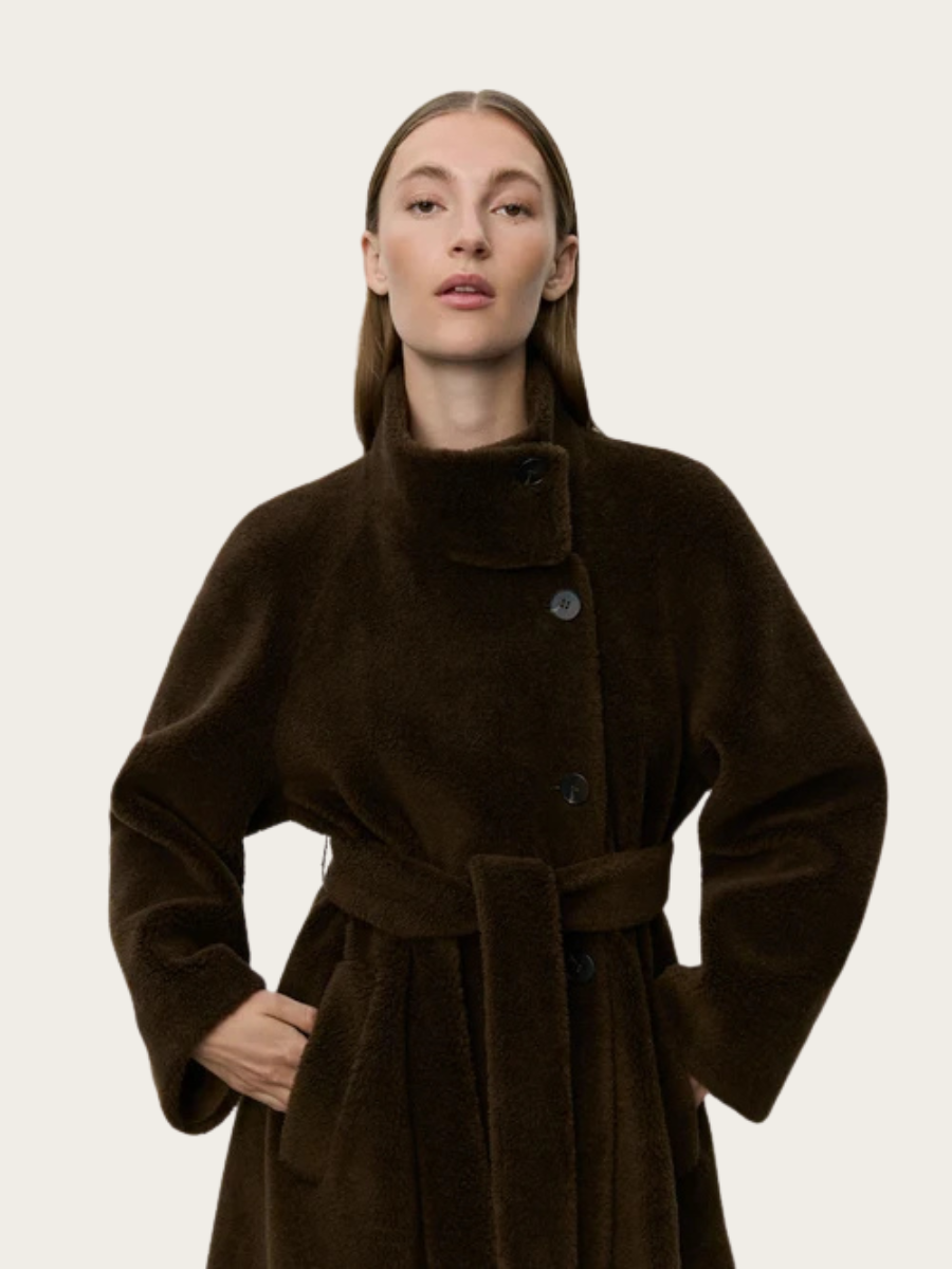 MARGIT WOOL FUR COAT, DARK BROWN