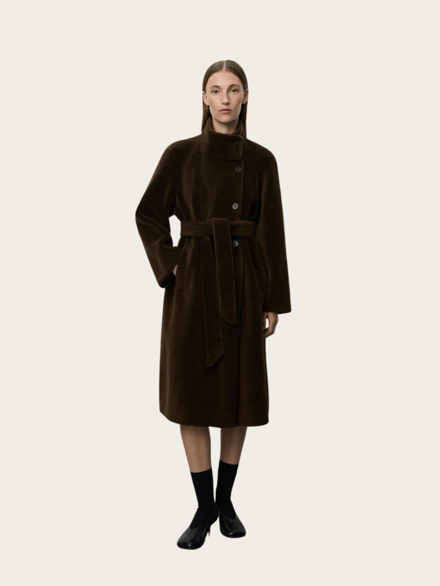 MARGIT WOOL FUR COAT, DARK BROWN