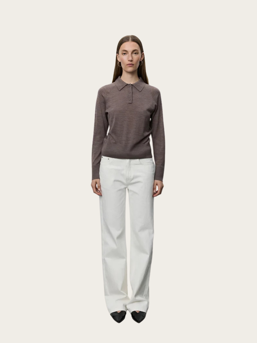 SELENE KNIT POLO, BROWN MELANGE