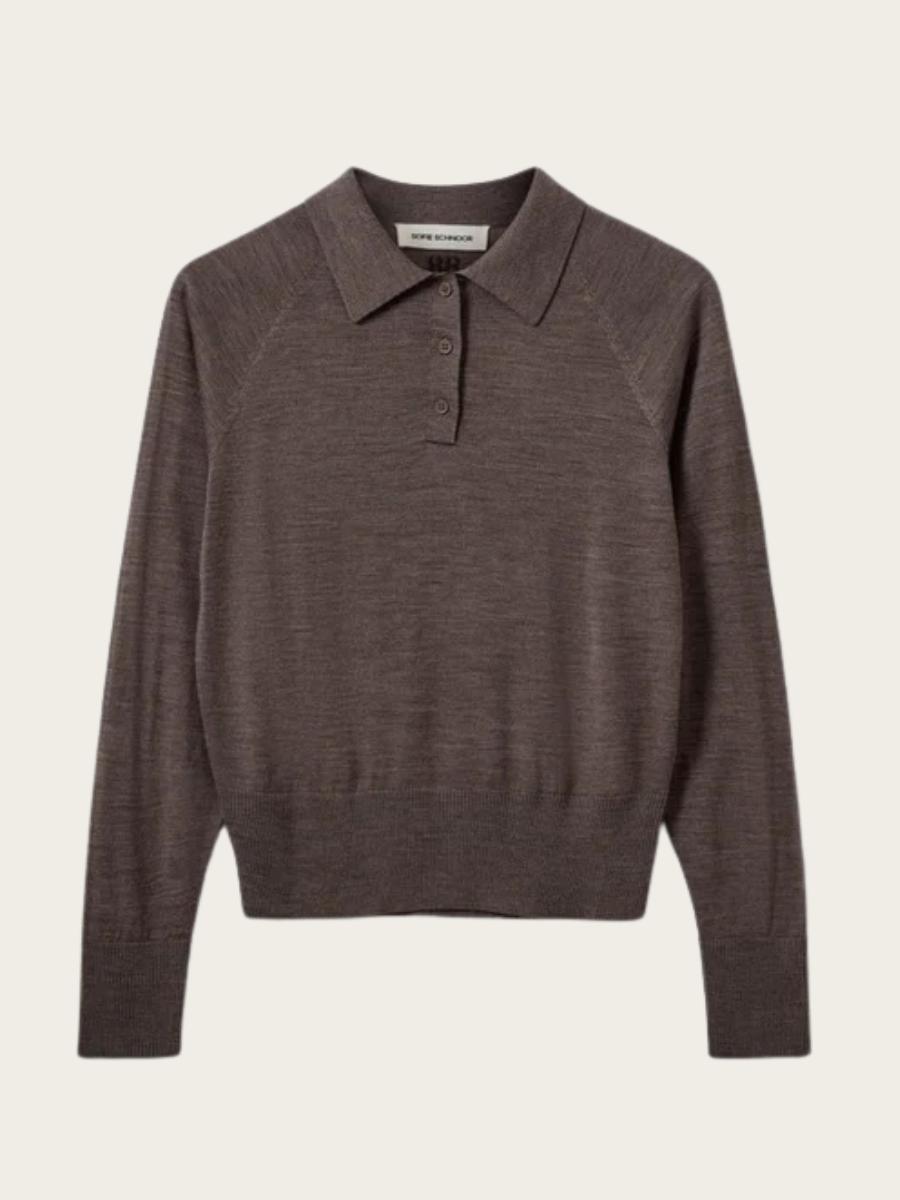 SELENE KNIT POLO, BROWN MELANGE