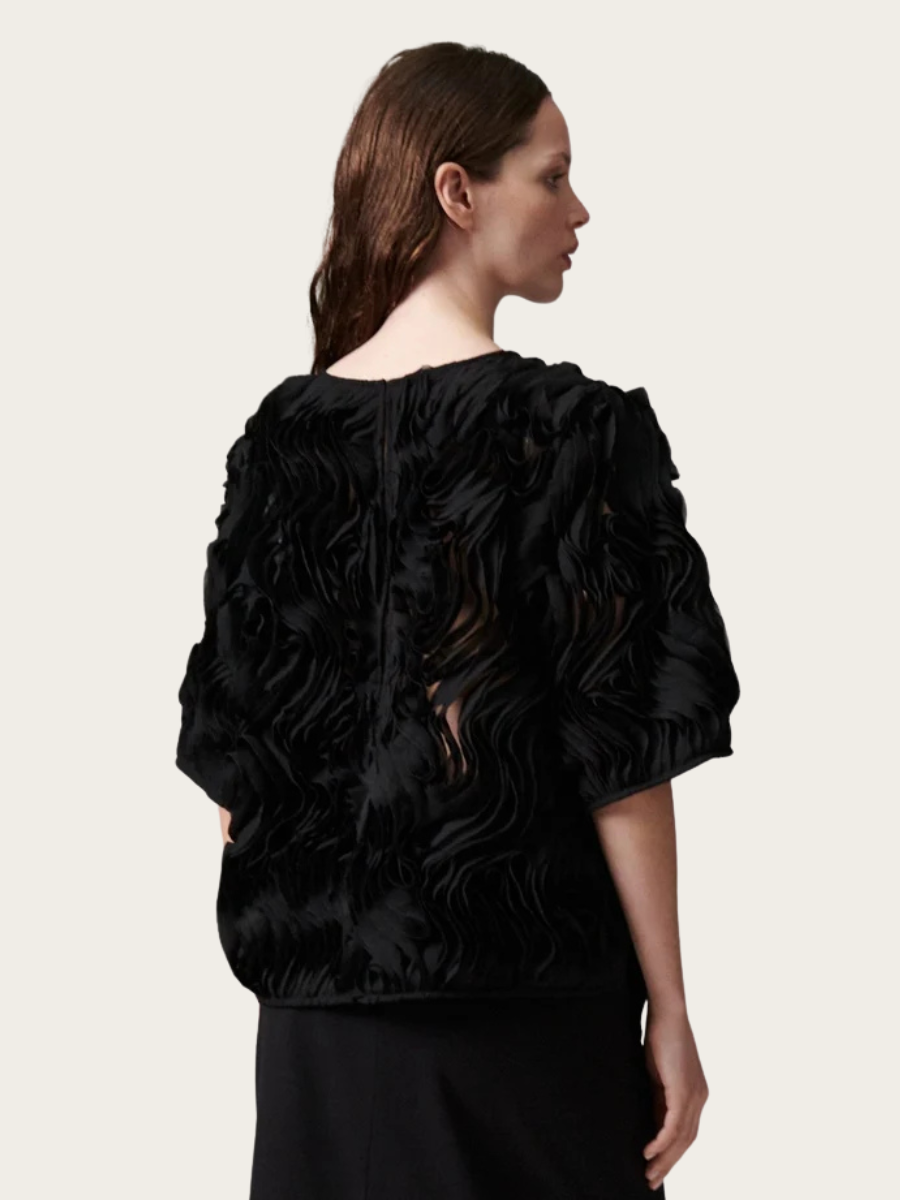 TATIANA RUFFLED LACY BLOUSE, BLACK