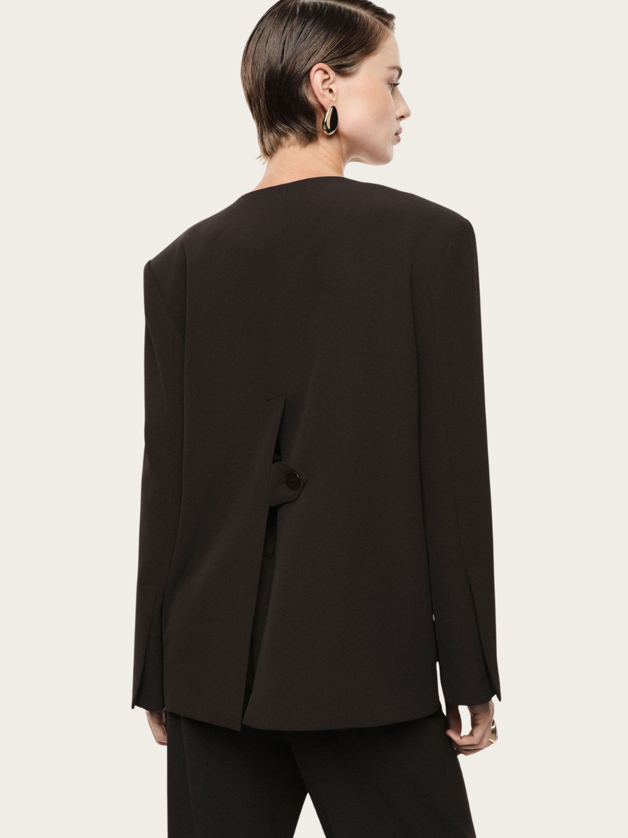 ROUND NECK BLAZER, DARK COFFEE