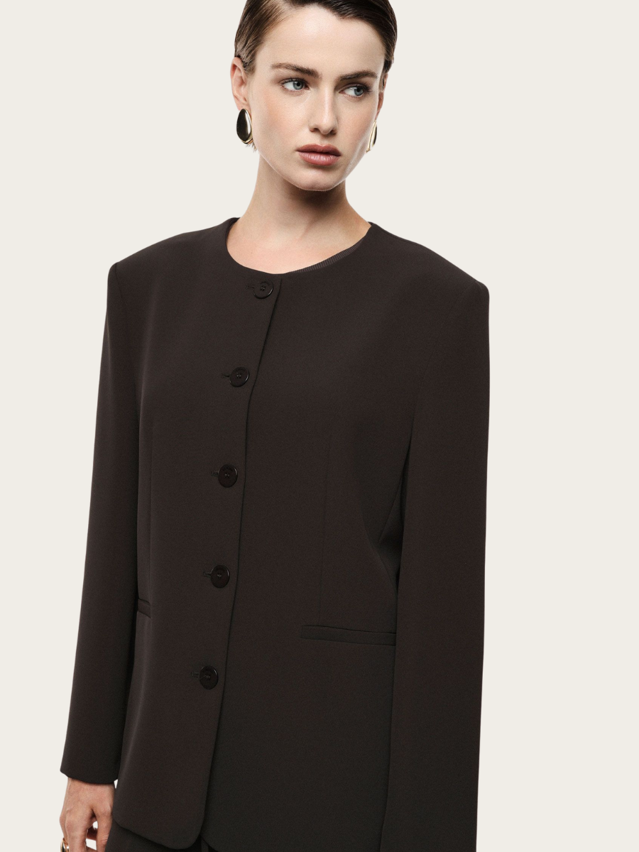 ROUND NECK BLAZER, DARK COFFEE