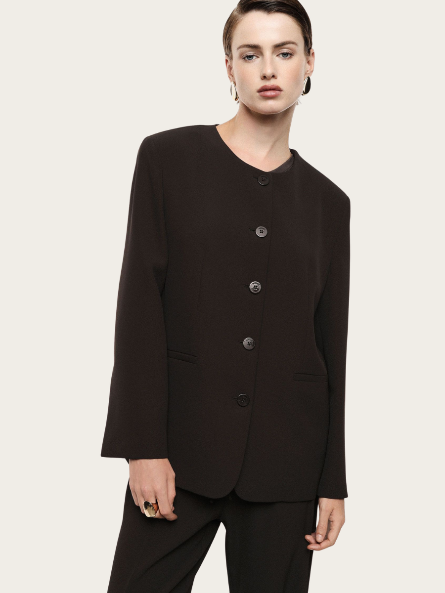 ROUND NECK BLAZER, DARK COFFEE