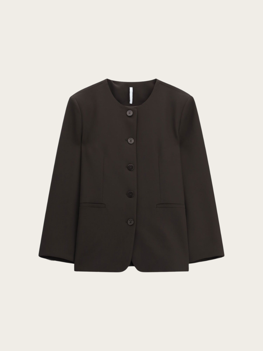 ROUND NECK BLAZER, DARK COFFEE