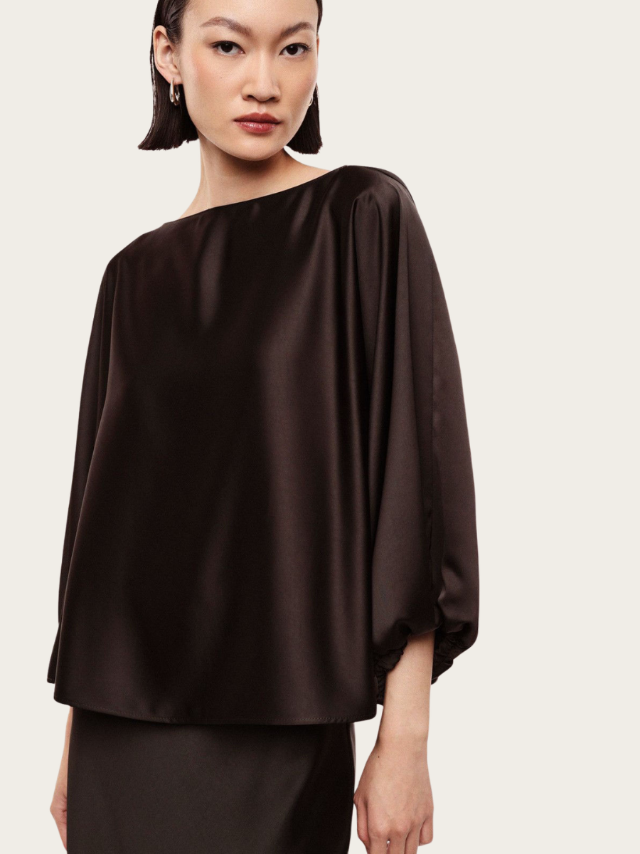 WIDE FIT BOAT-NK BLOUSE, DARK COFFEE