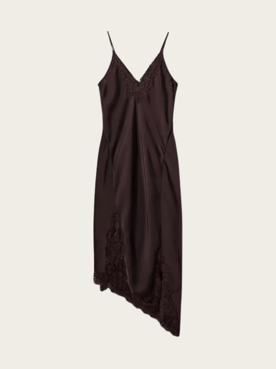 LOUNELLE SATIN LACE DRESS, DARK PLUM