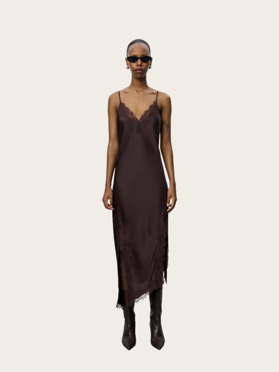 LOUNELLE SATIN LACE DRESS, DARK PLUM