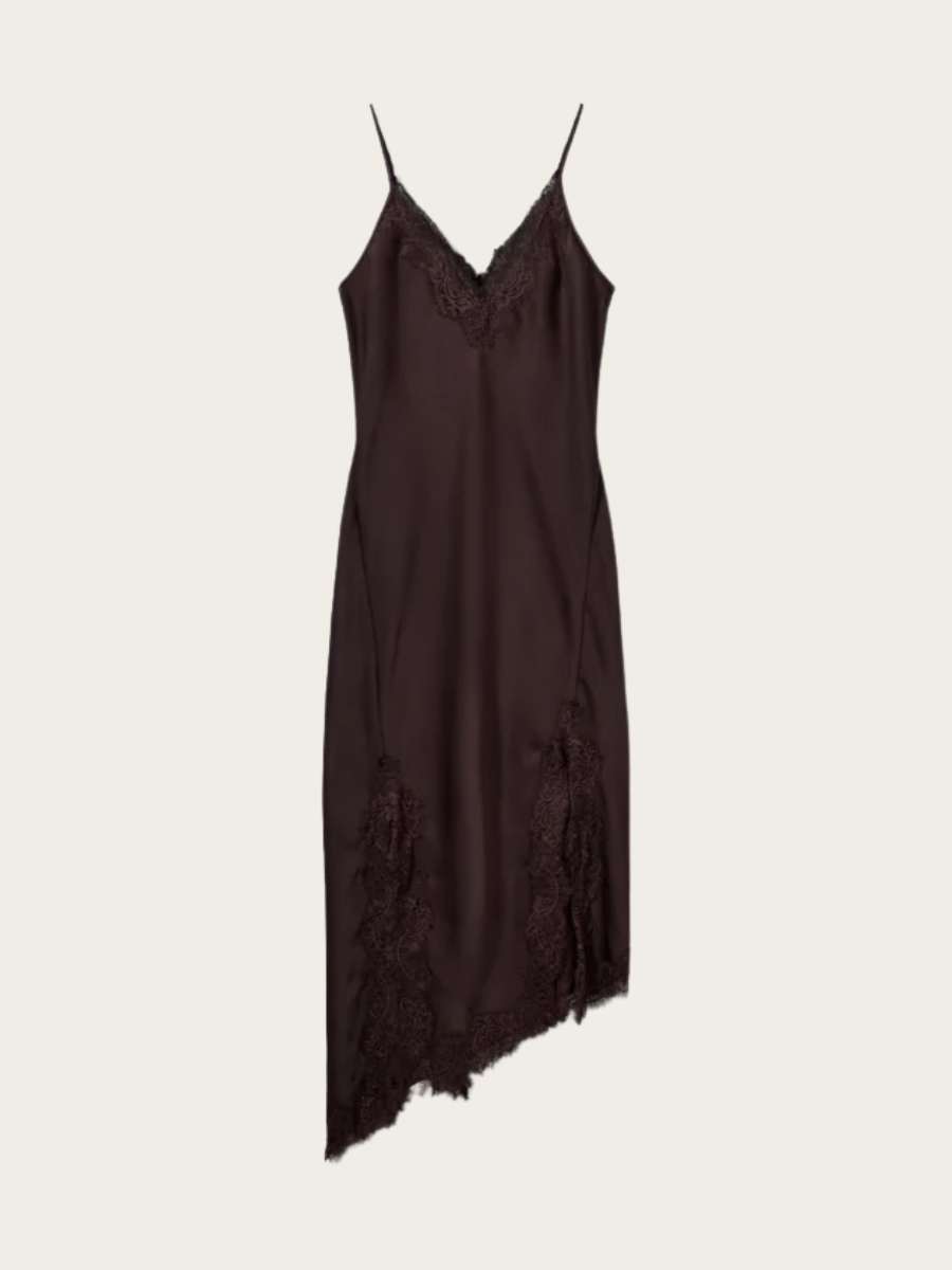 LOUNELLE SATIN LACE DRESS, DARK PLUM