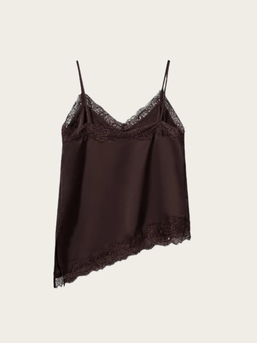 LEONA SATIN LACE TOP, DARK PLUM