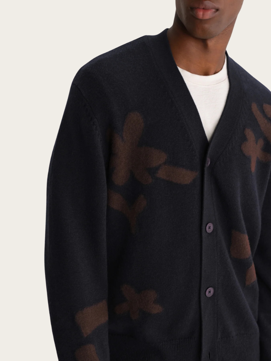 WALKER FELTED APPLIQUE KNIT CARDIGAN, NAVY