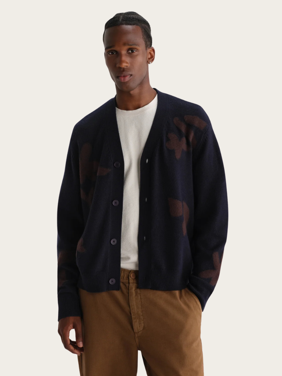WALKER FELTED APPLIQUE KNIT CARDIGAN, NAVY