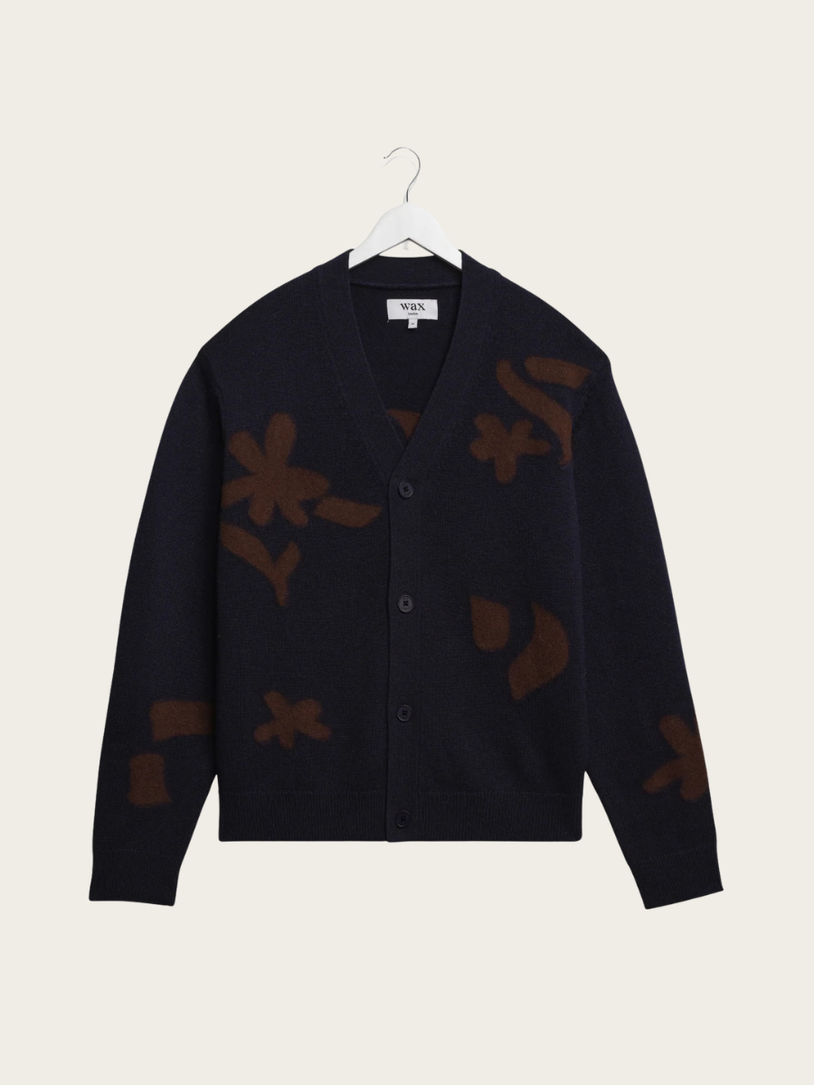 WALKER FELTED APPLIQUE KNIT CARDIGAN, NAVY
