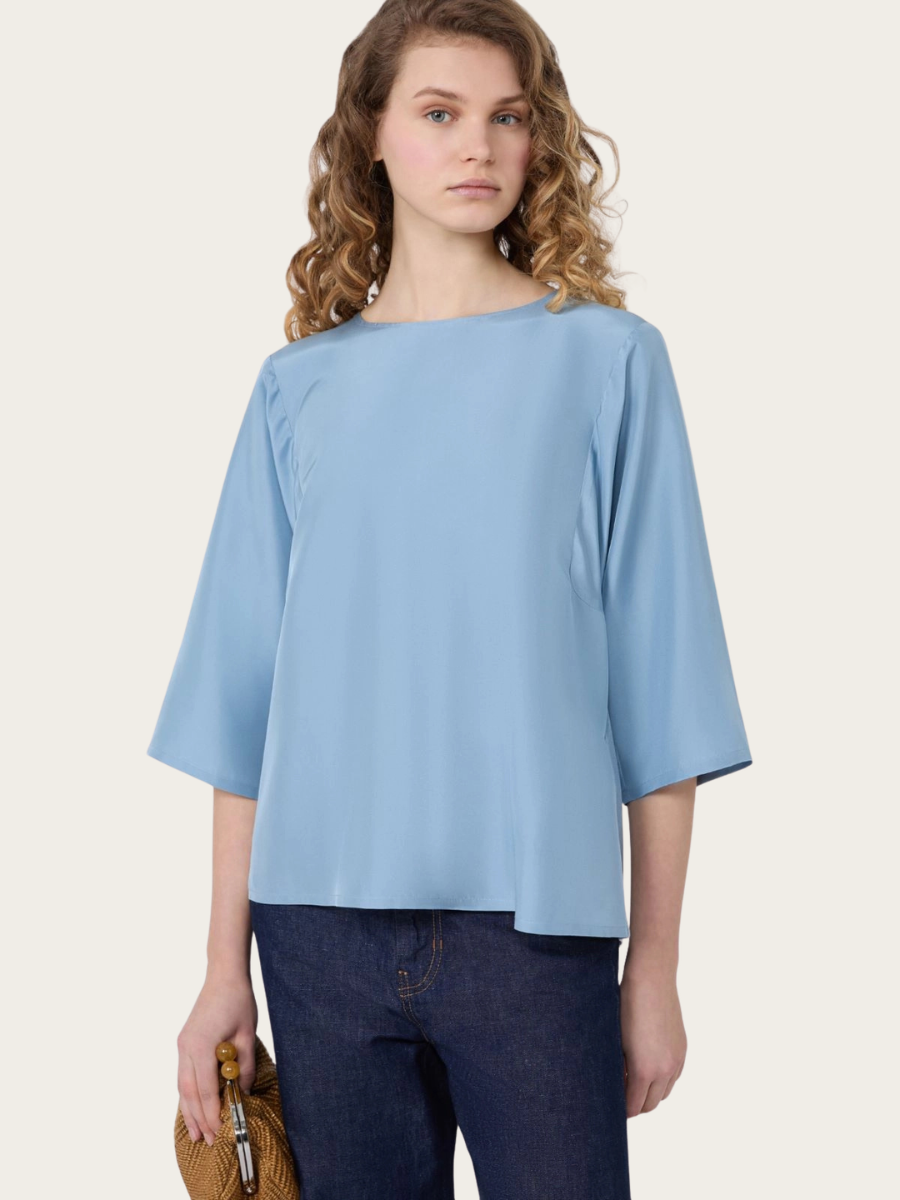FASTOSO HABOTAI SILK & JERSEY BLOUSE, LIGHT BLUE