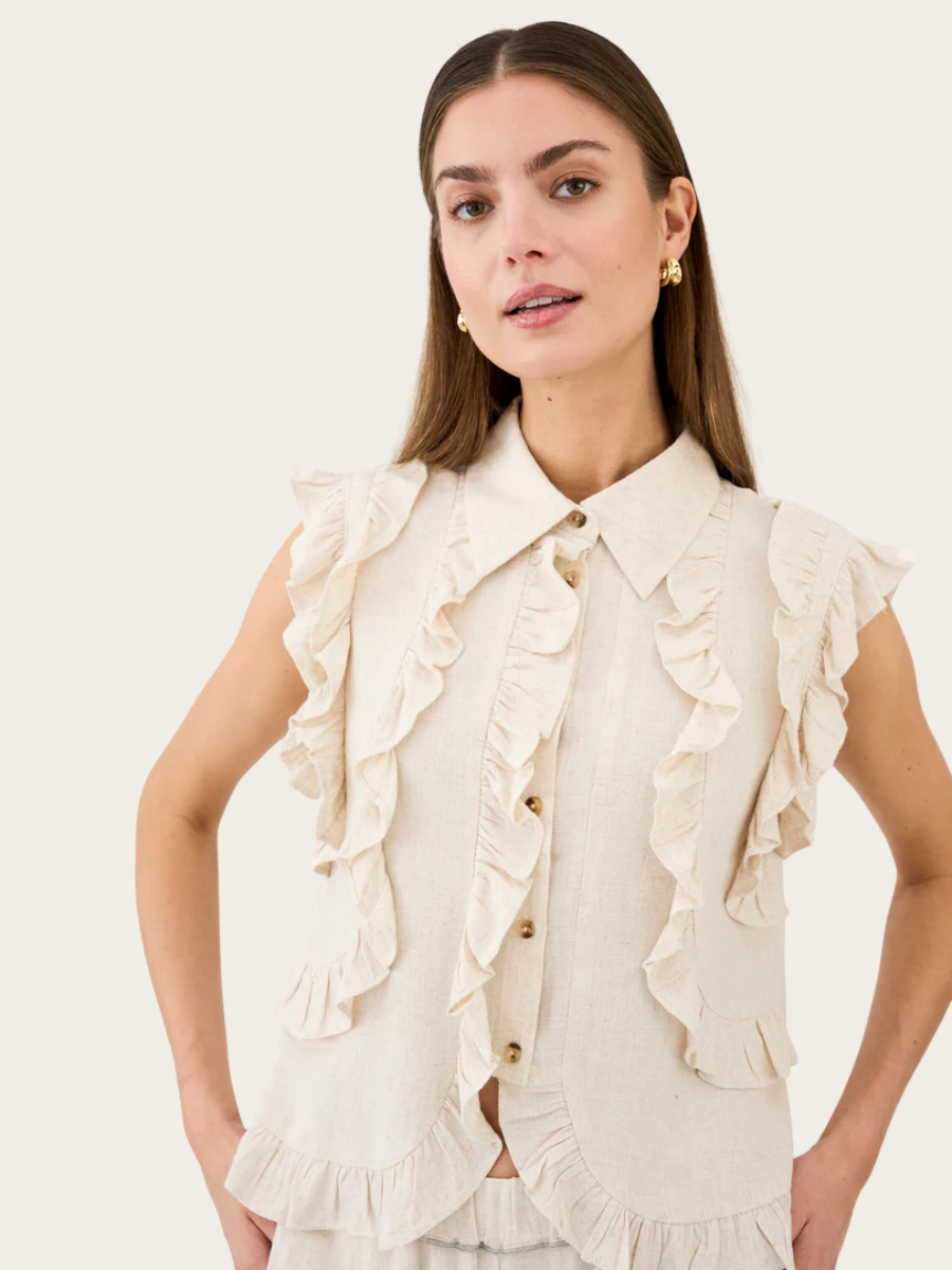 MILES FLOUNCE TOP, OYSTER WHITE MELANGE