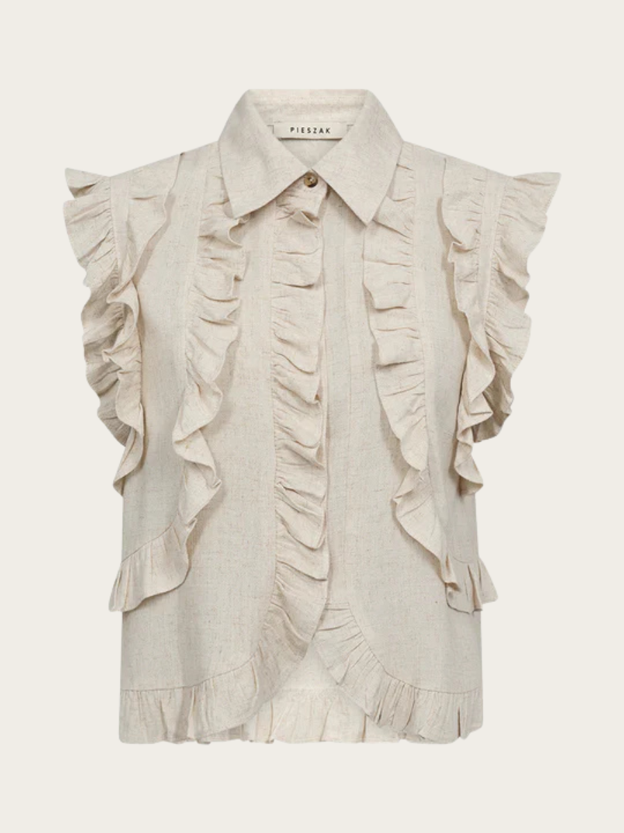 MILES FLOUNCE TOP, OYSTER WHITE MELANGE