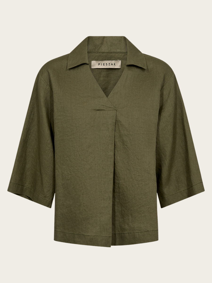 LINA LINEN V-NK BLOUSE, FADED GREEN