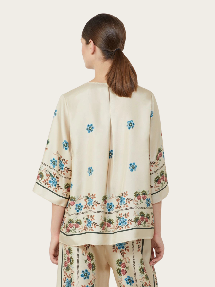 SAMBA PRINTED SILK TWILL BLOUSE, ECRU