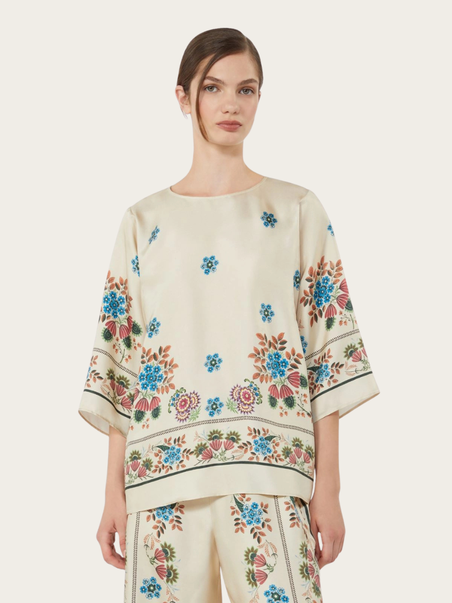 SAMBA PRINTED SILK TWILL BLOUSE, ECRU