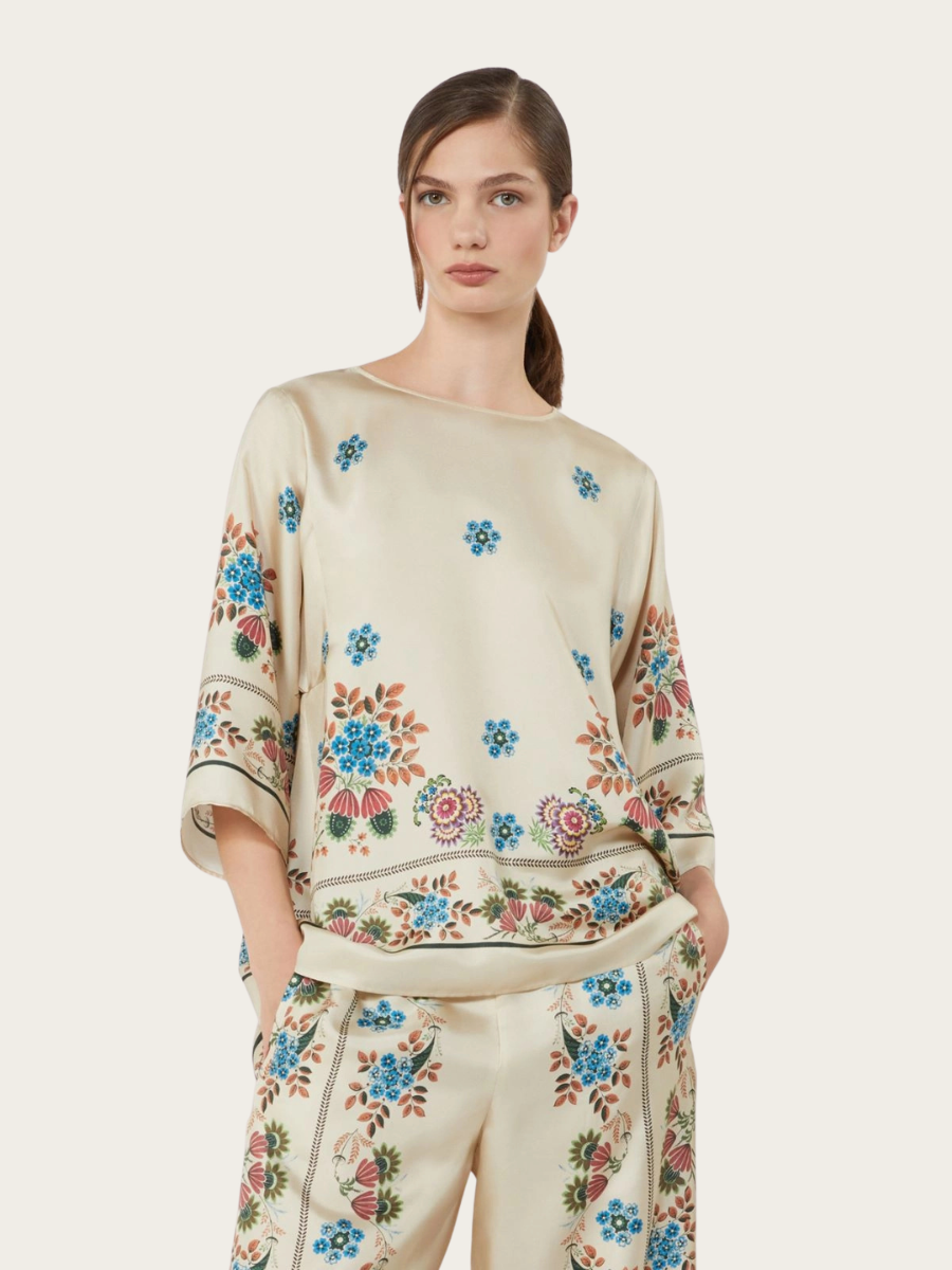 SAMBA PRINTED SILK TWILL BLOUSE, ECRU