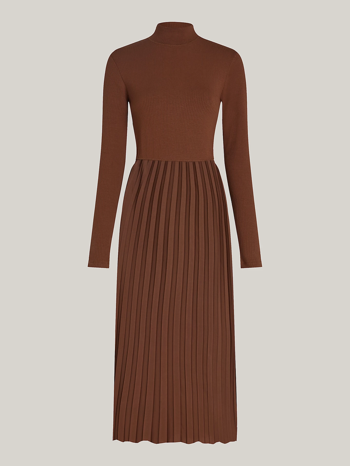 Rib Mix & Pleated Dress LS, Legacy Brown